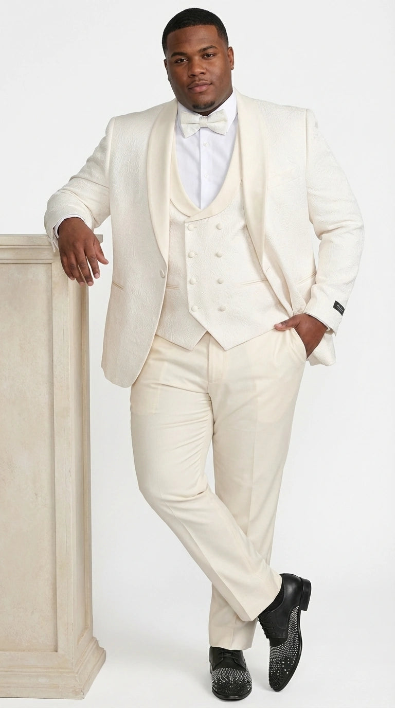 Men’s Ivory Paisley Tuxedo Suit 3 Piece – One Button Vested Satin Formal Suit for Wedding in Off white Cream Color - 40