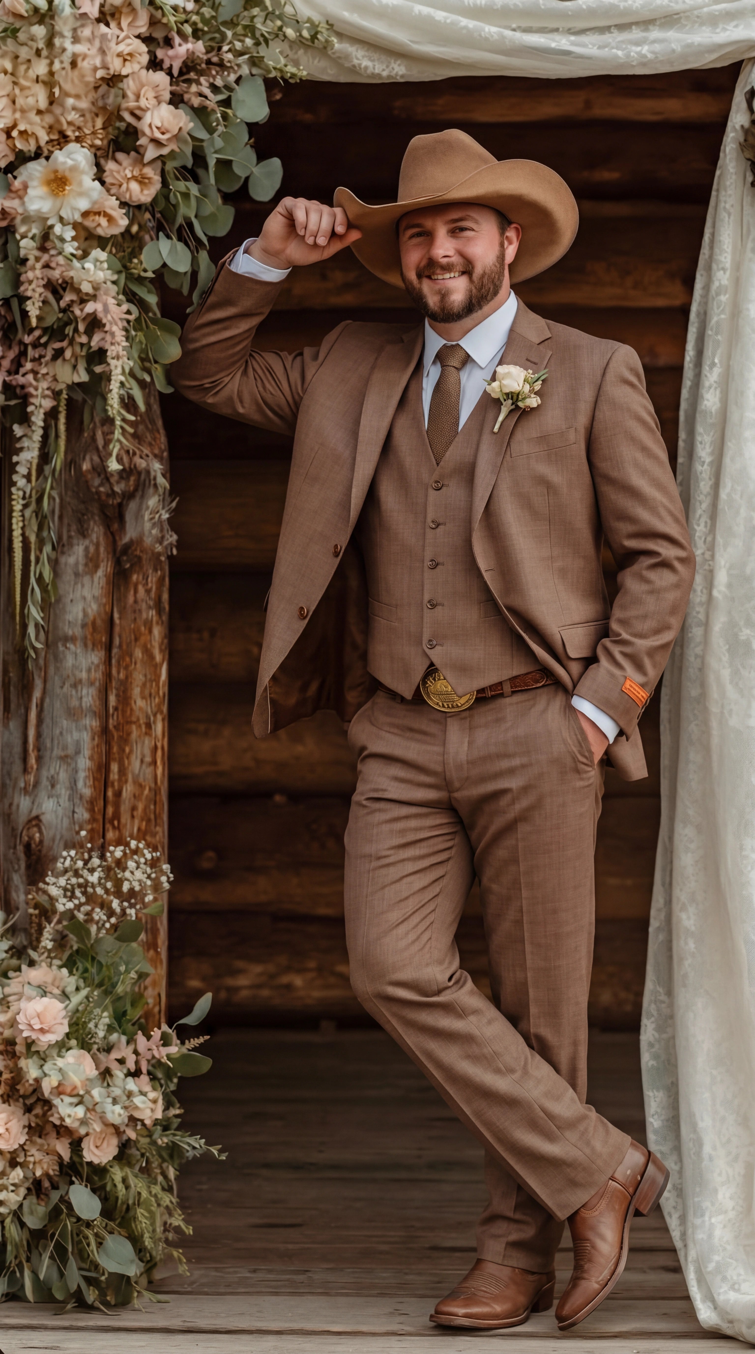 Men’s Light Brown Western 3 Piece Suit – Classic Country Style Blazer Vest Pants Set, Formal Cowboy Suit Toast - 34 Short or Extra Small