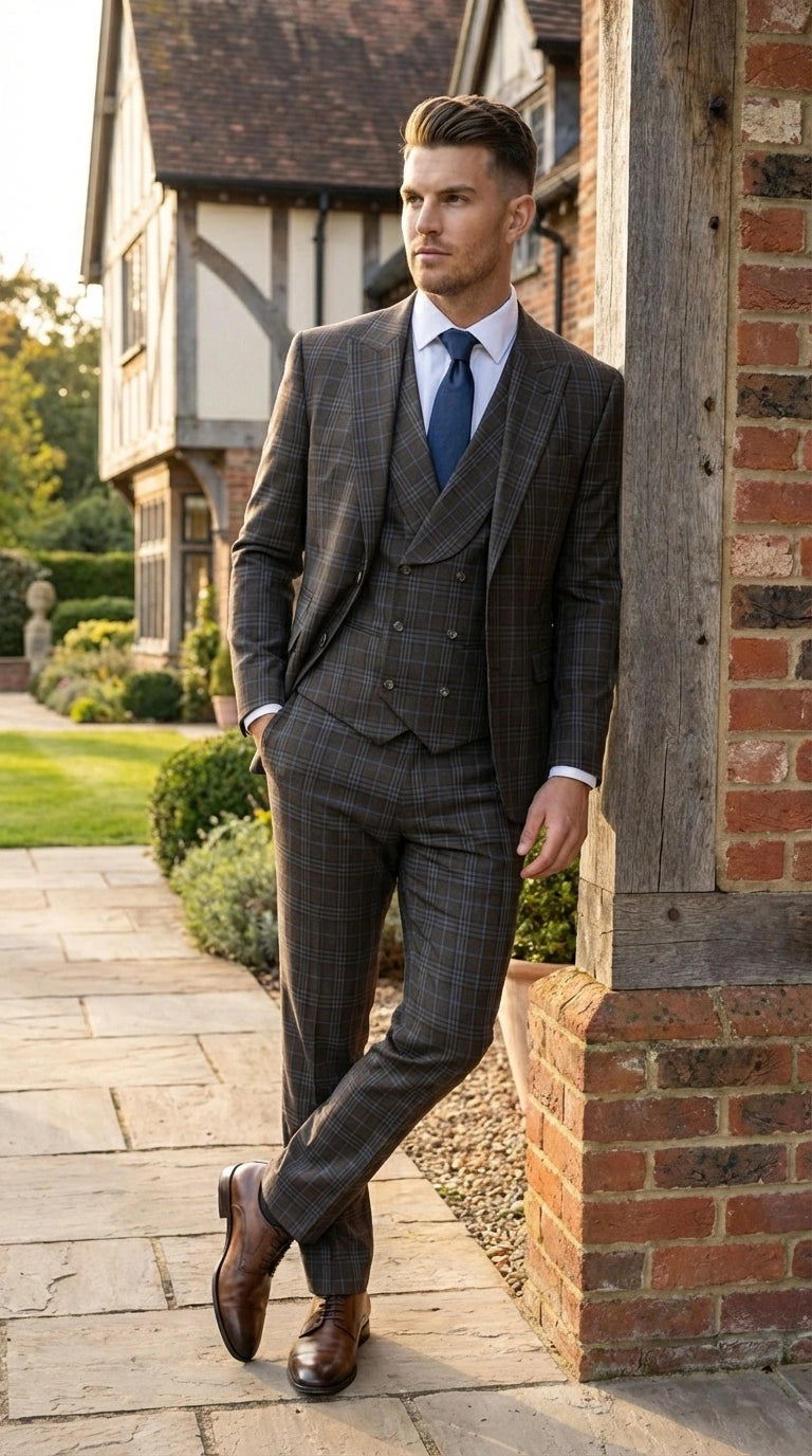 Vitali Men’s Brown Grey with blue Check 3 Piece Suit – Classic Plaid Formal Suit Set with Blazer, Vest & Trousers, Business Wedding Party Wear for Men Modern Fit - 34 Short or Extra Small