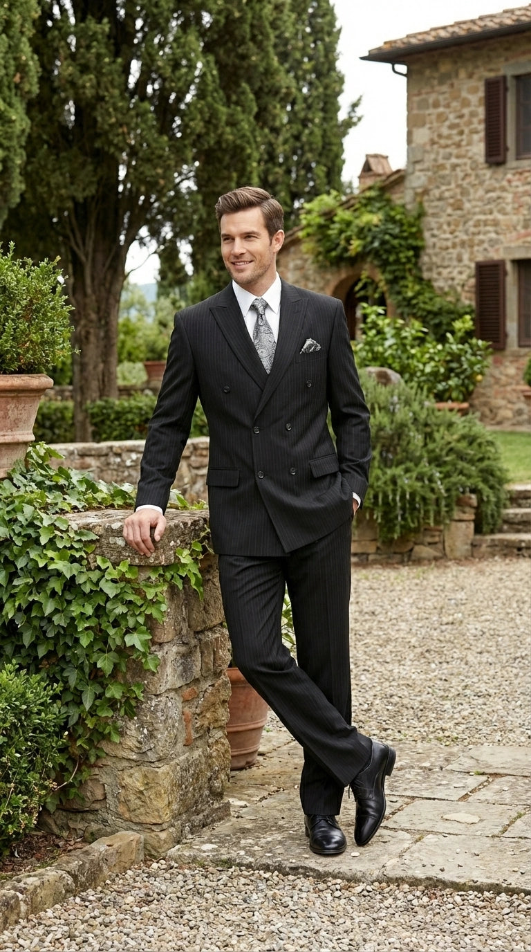 Men’s Black Pinstripe Double Breasted Suit – Peak Lapel Classic Fit Formal Business Conservative settle stripe - 34 Short or Extra Small