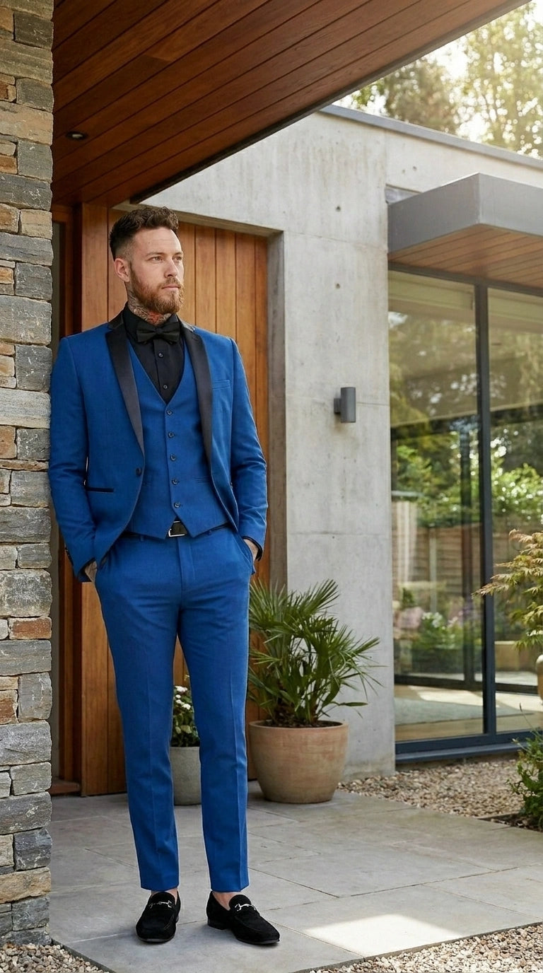 Men’s Royal Blue 3 Piece Suit with Black Lapel – Modern Formal Suit for Wedding, Prom and Party Wear - 34 Short or Extra Small