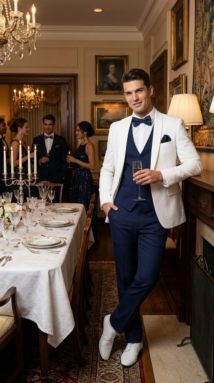 Men’s White and Navy blue tuxedo  3 Piece Suit – Classic White Blazer with Navy Vest and Pants for Wedding, Party + Bowtie