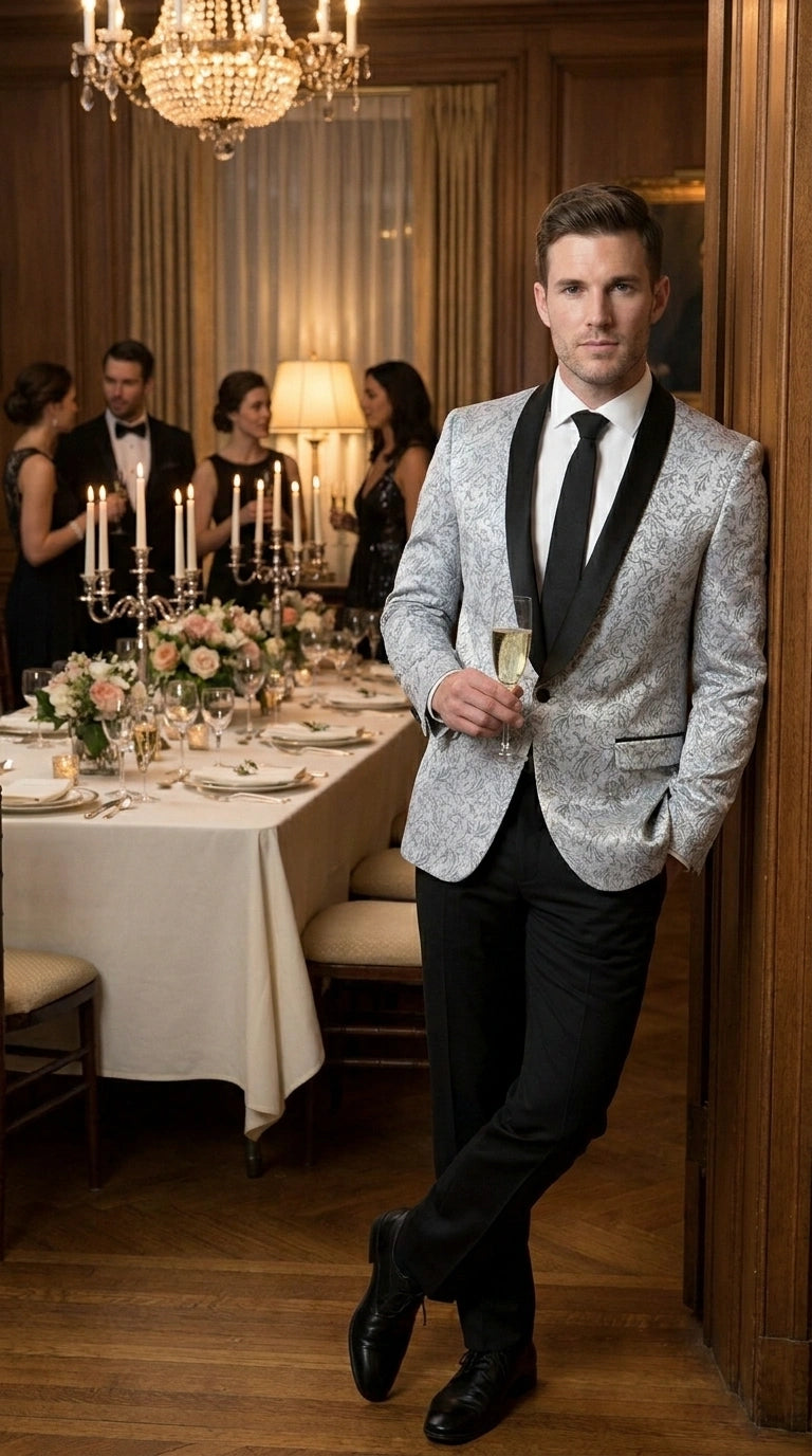 Men’s Silver and Black Floral Blazer – Elegant Formal Tuxedo Style Blazer Jacket for Wedding, Party, Prom and Evening Wear - 36R