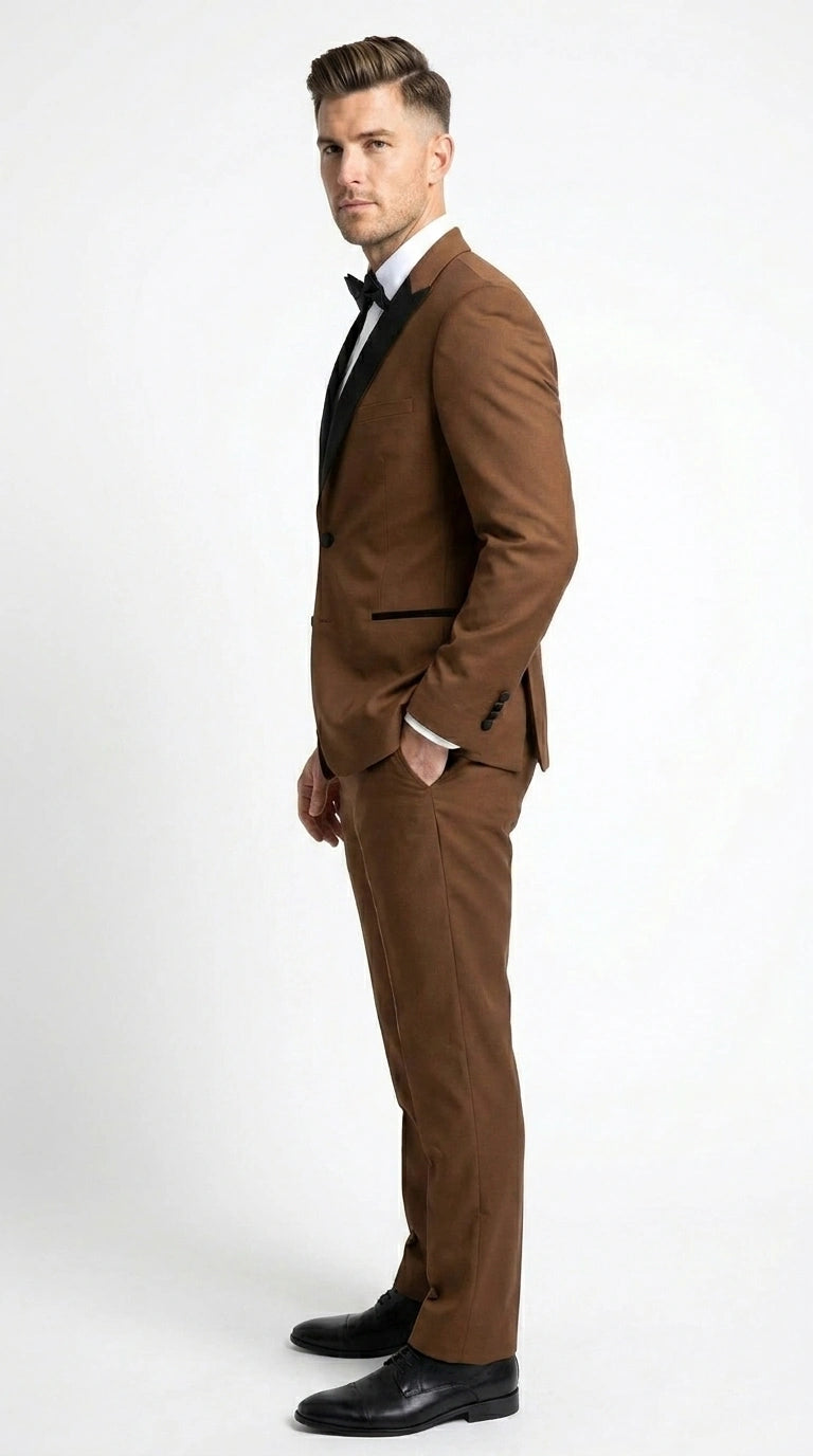 Men’s Light Brown Vested Piece Suit – Elegant Formal Suit with Contrast Lapel for Wedding, Party - 34 Short or Extra Small