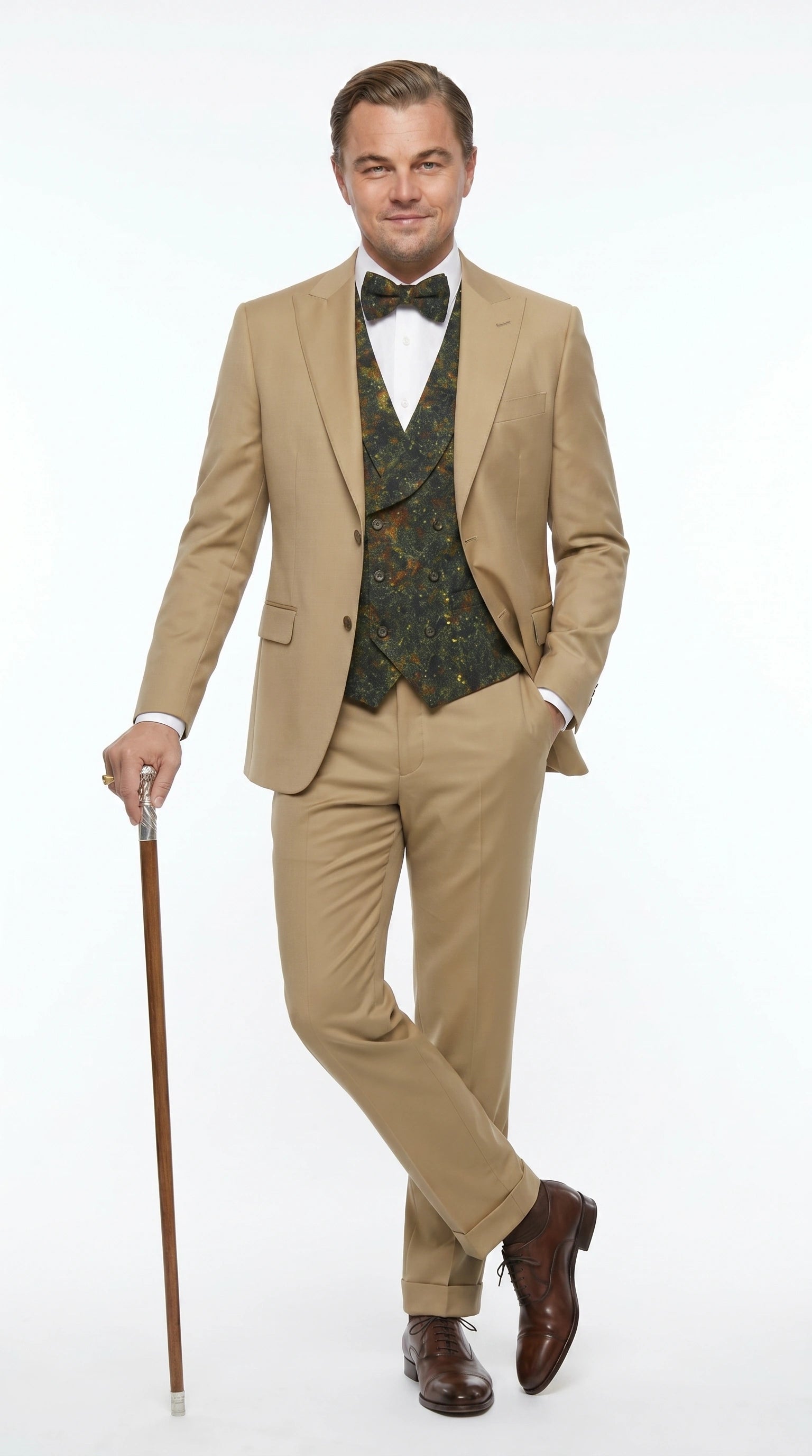 Men’s Khaki 3 Piece Suit with Patterned Vest, Great Gatsby Inspired Formal Suit for Weddings, Mardi Gra in Tan Camel Color - 34 Short or Extra Small
