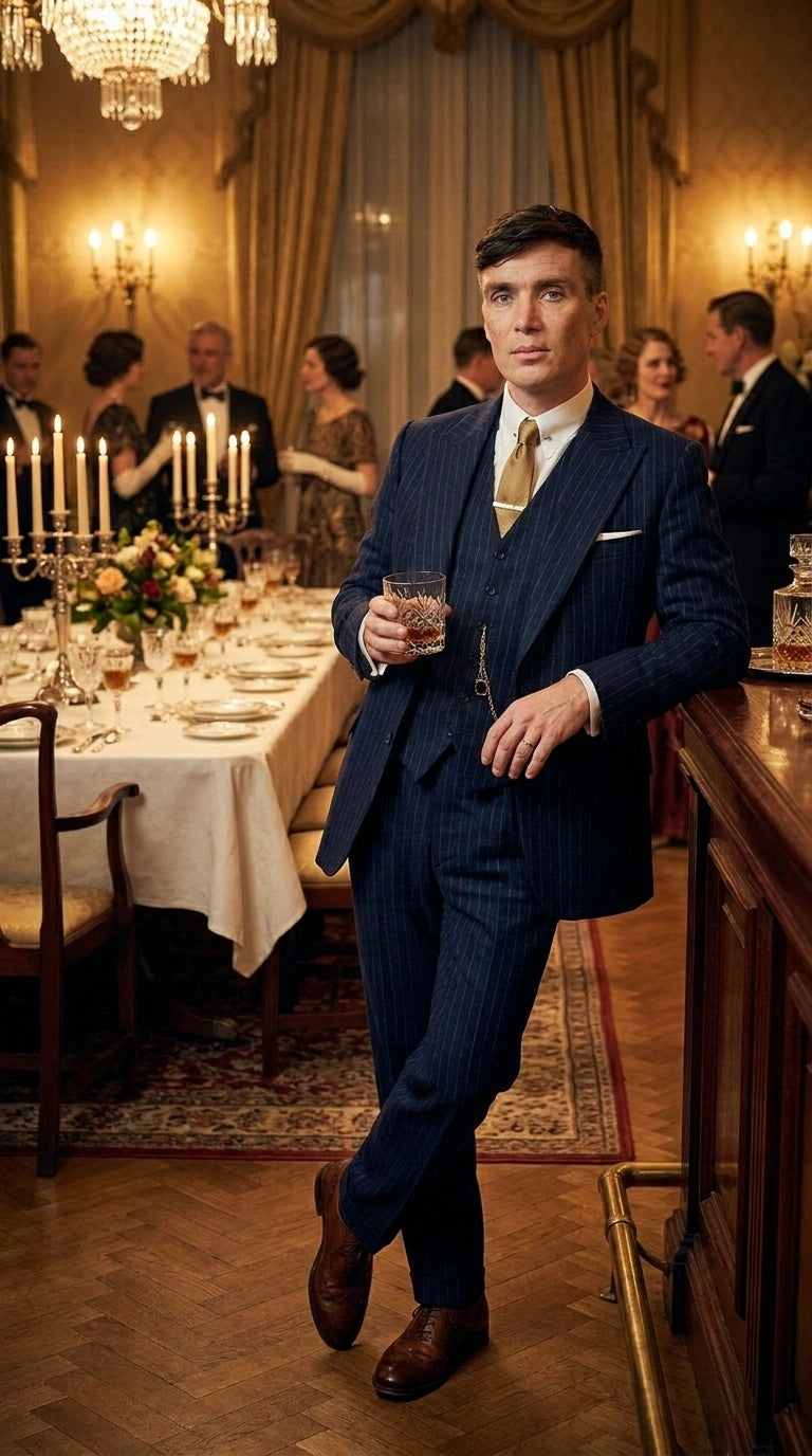 Men’s Navy Blue Pinstripe 3 Piece Suit, Thomas Shelby Inspired Vintage Formal Suit for Weddings, Parties, Prom, and Special Events - 34 Short or Extra Small