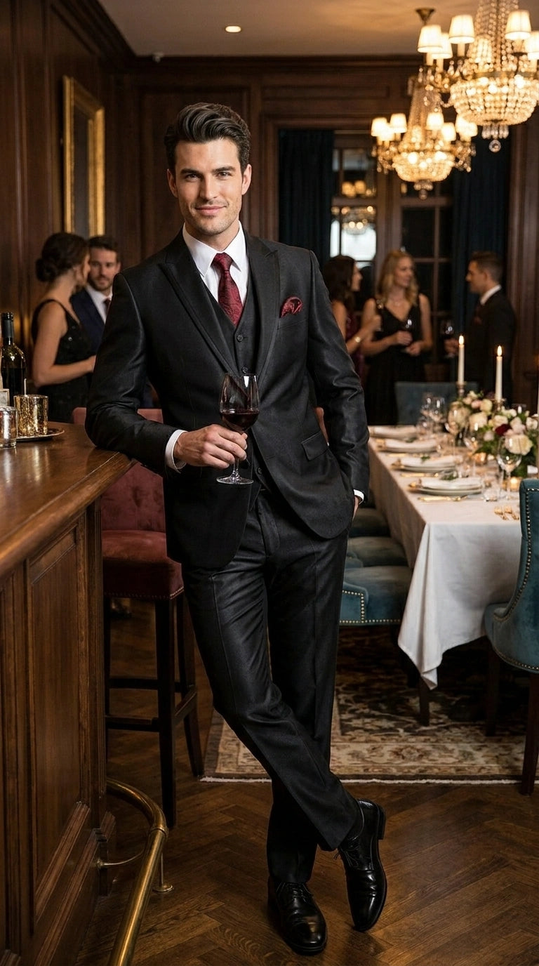 Men’s Black Shiny 3 Piece Tuxedo Groom Suit, Formal Vest Suit for Weddings, Prom, Black Tie Events, Black Lapel - 34 Short or Extra Small