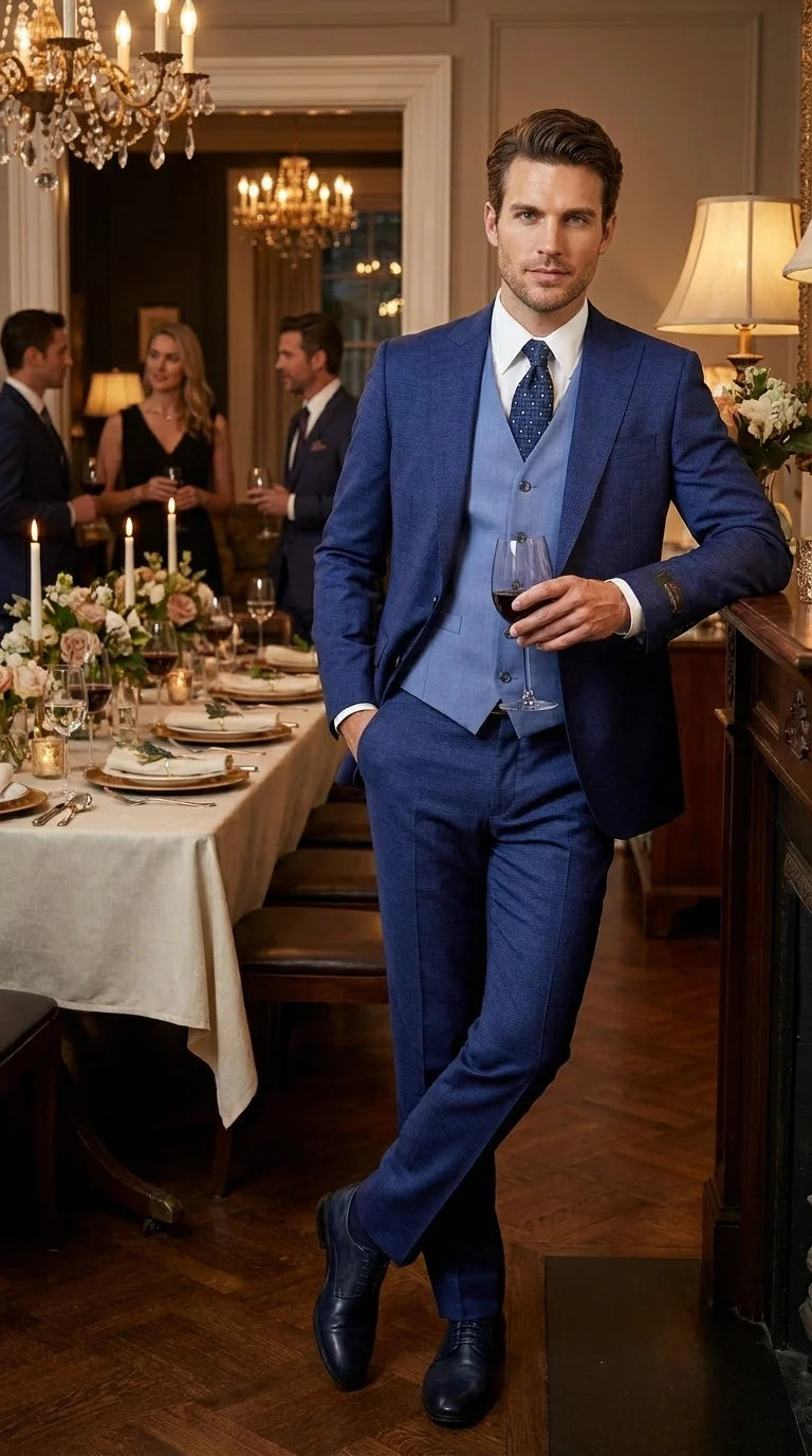 Vitali Men’s Navy Blue 3 Piece Suit with Light Blue Vest, Textured Formal Dress Suit for Weddings, Prom, Business Events, and Parties - 34 Short or Extra Small