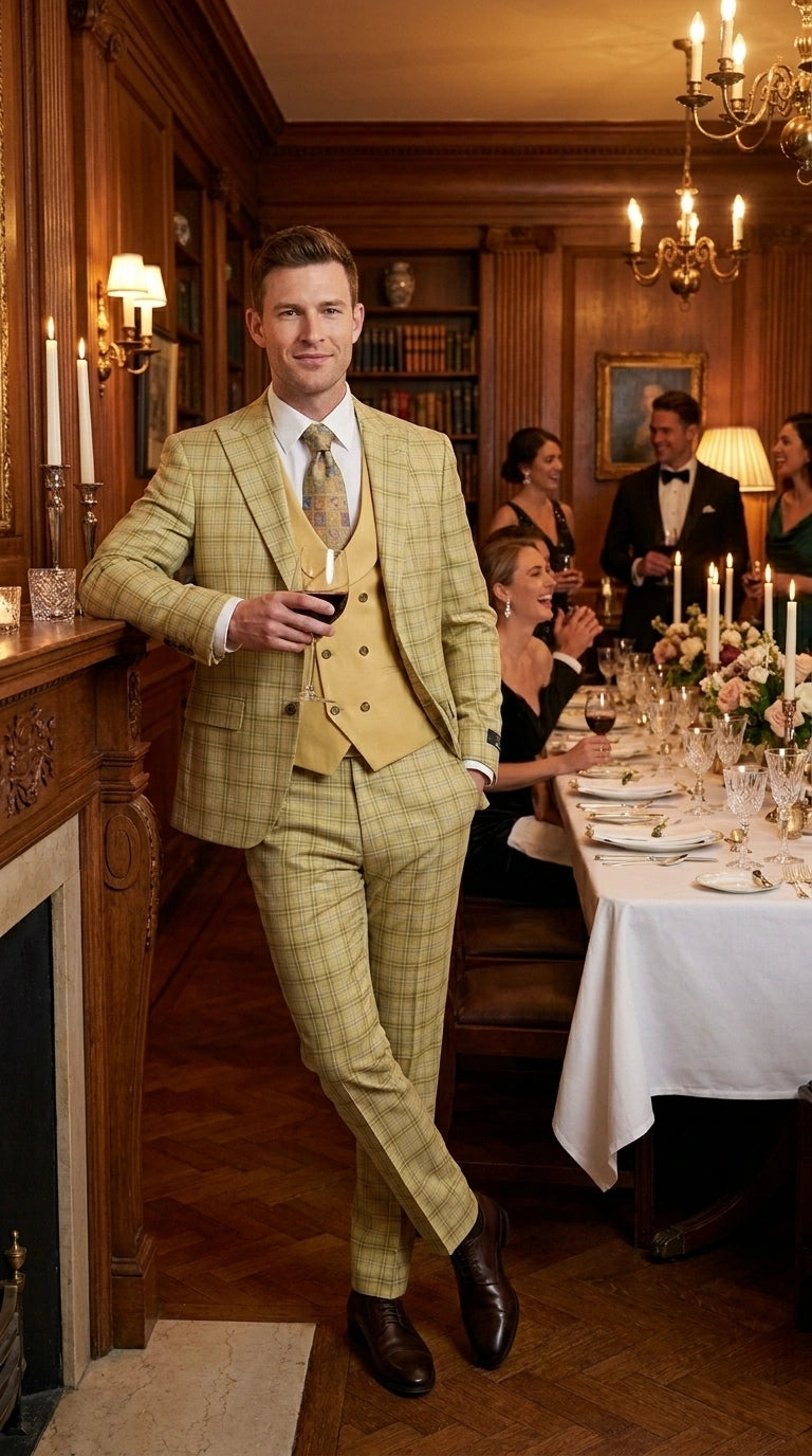 Vitali Men’s Sage Beige Tan Plaid 3 Piece Suit, Check Pattern Formal Dress Suit for Weddings, Prom, Business Events, Modern Fit Light Yellow Color - 34 Short or Extra Small