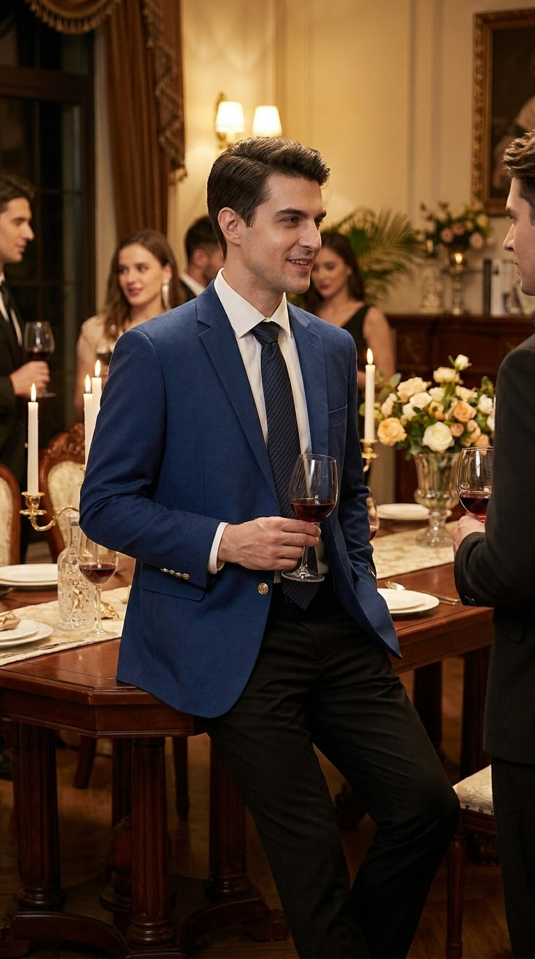 Men’s Sapphire Indigo Cobalt Blue Blazer with Gold Buttons – Classic Single Breasted Formal Business Jacket for Office, Wedding - 36 Short