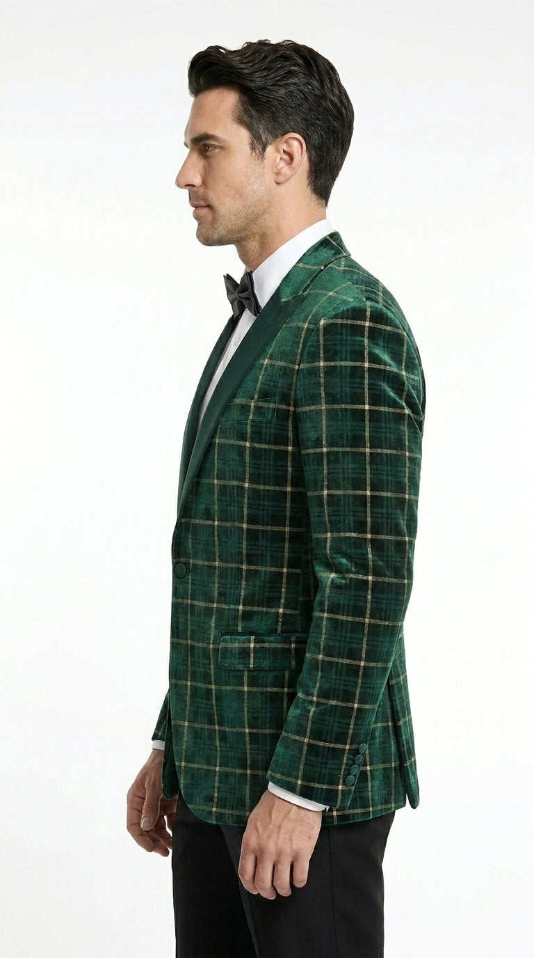 Men’s Green and Gold Plaid Christmas Holiday Blazer – Classic Check Party Jacket for New Year, Wedding and Festive New Year event - 36 Short