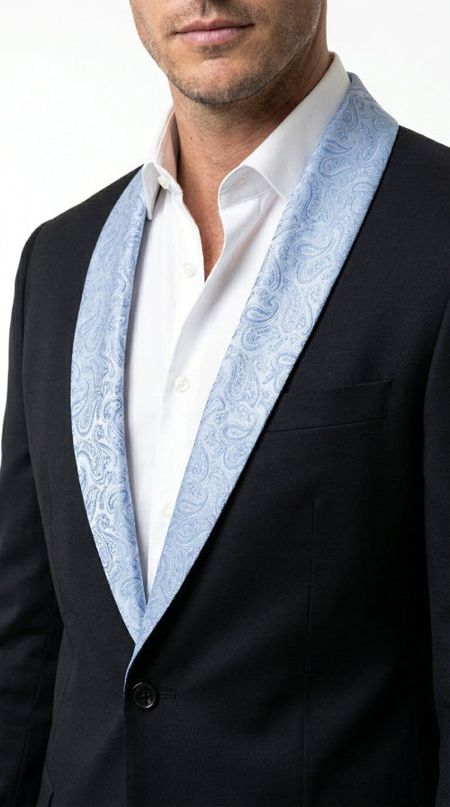 Men’s Black Suit with Light Blue Lapel – Modern Formal Tuxedo Style Suit for Wedding, Prom, Party and Sky Powder Blue Color