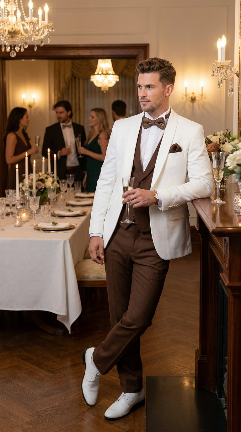 Men’s Ivory and Brown 3 Piece Suit – Elegant White Blazer with Brown Vest and Trousers for Wedding, Prom and Formal Events in off White Cream + Bowtie - 34 Short or Extra Small