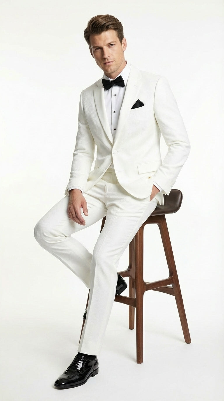 Mens White Wedding Tuxedo Suit – Formal Groom Suit Set Classic Dinner Jacket + White Tuxedo Shirt + Black Bow Tie - 34 Short or Extra Small