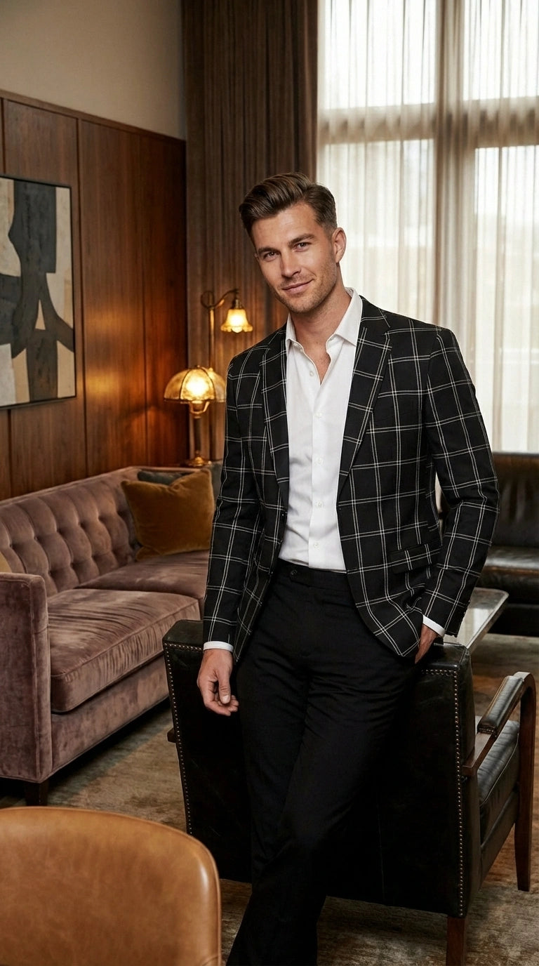 Men’s Black Windowpane Check Blazer – Black Plaid Formal Blazer Jacket for Business, Wedding and Smart Casual Style - 36 Short