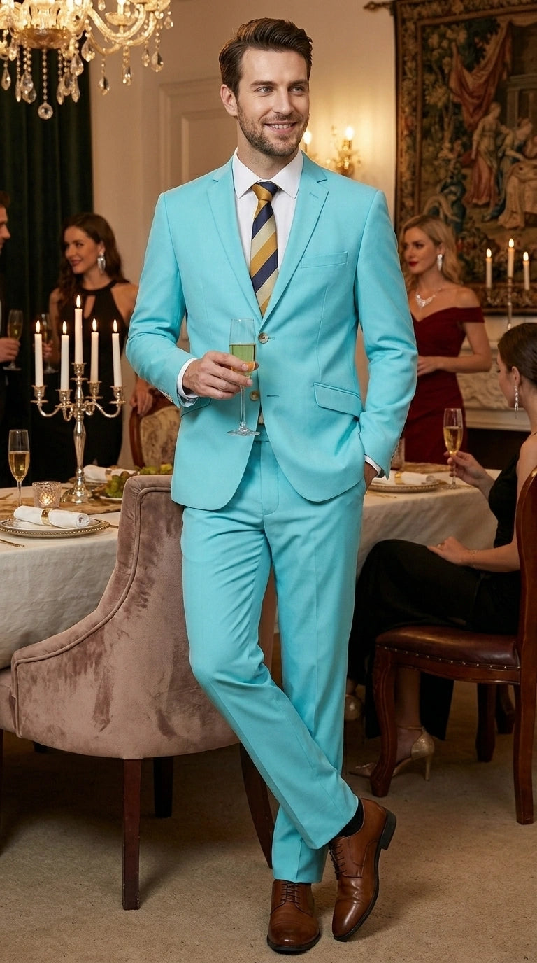 Men’s Aqua Blue 2 Piece 2 Button Suit, Formal Dress Suit for Weddings, Prom, Parties, Summer Events, Turquoise Light blue - 34 Short or Extra Small