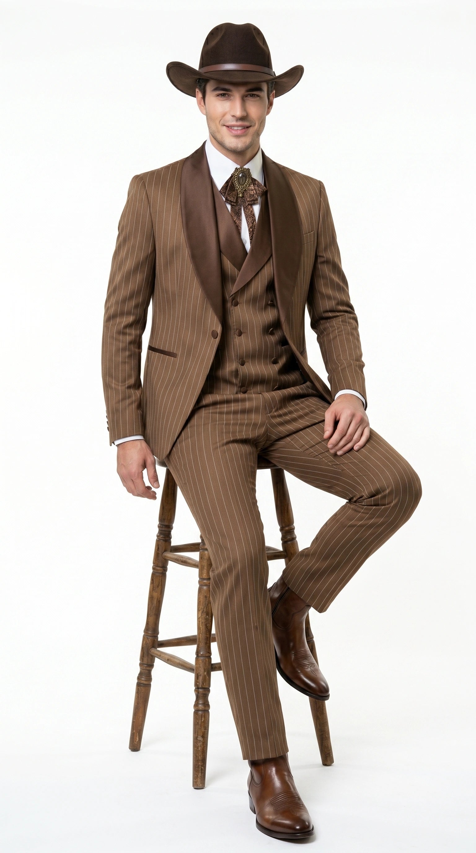 Men’s Brown Pinstripe Western Cowboy Tuxedo, Contrast Shawl Lapel Formal Suit for Weddings, Prom, Parties, and Special Occasions - 34 Short or Extra Small