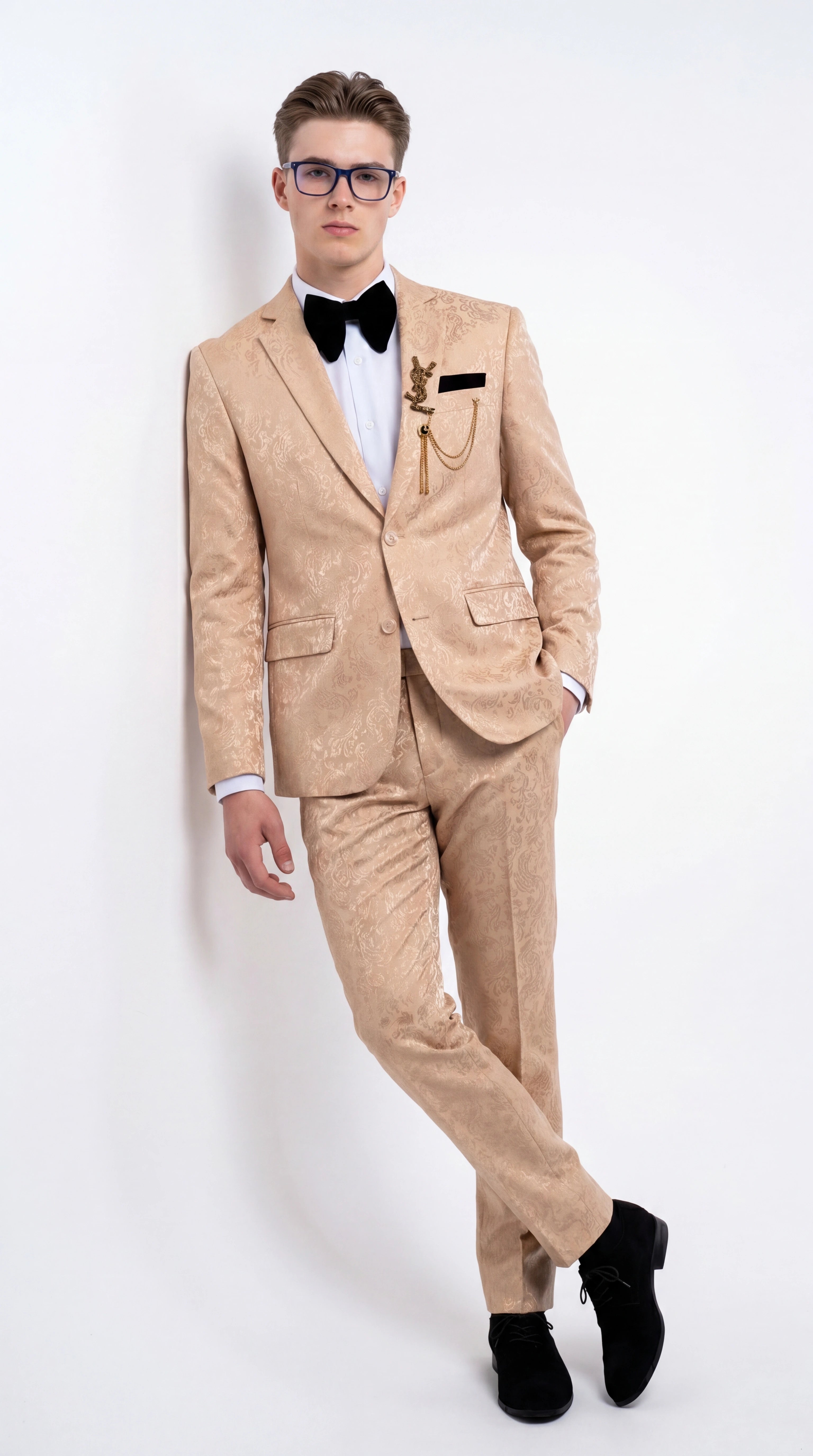 Men’s Champagne Gold Paisley Prom Tuxedo, Formal Dinner Suit for Prom, Weddings, Parties in Tan Color - 34 Short or Extra Small