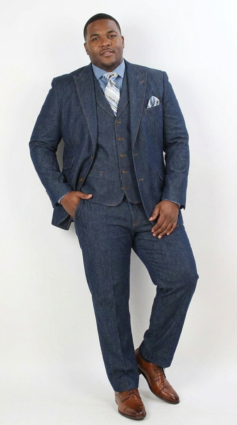 Men’s Pleated Pants Dark Blue Denim 3 Piece Suit – 100% Cotton Formal Suit Set, Blazer Vest Pants Outfit Classic Fit Athletic Fit Lose Fit - 34 Short or Extra Small