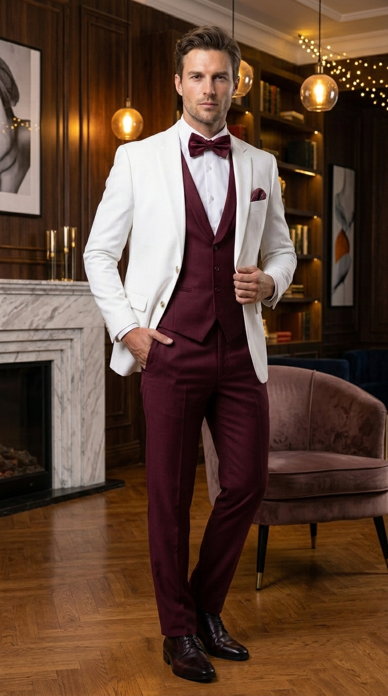 Men’s White and Burgundy 3 Piece Tuxedo Suit, Vested Formal Wedding Prom Dinner Suit Set bowtie included