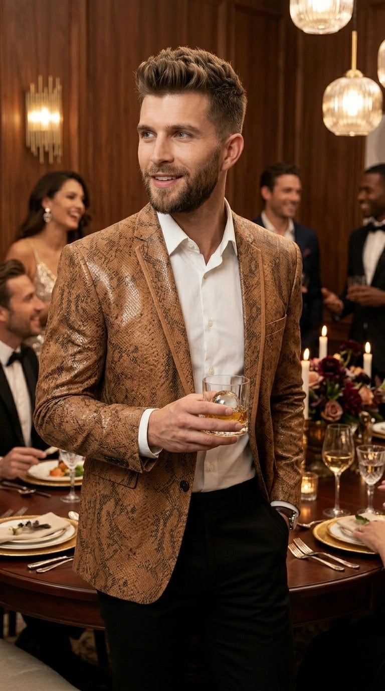 Men’s Tan Snakeskin Print Blazer, Brown Sport Coat Camel Alligator Crocodile Animal Print leopard Jacket - 36 Short