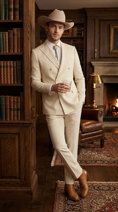 Men’s Tan Linen Cowboy Suit, Double Breasted Western Wedding Formal Western Suit Country style in Beige Tan Color