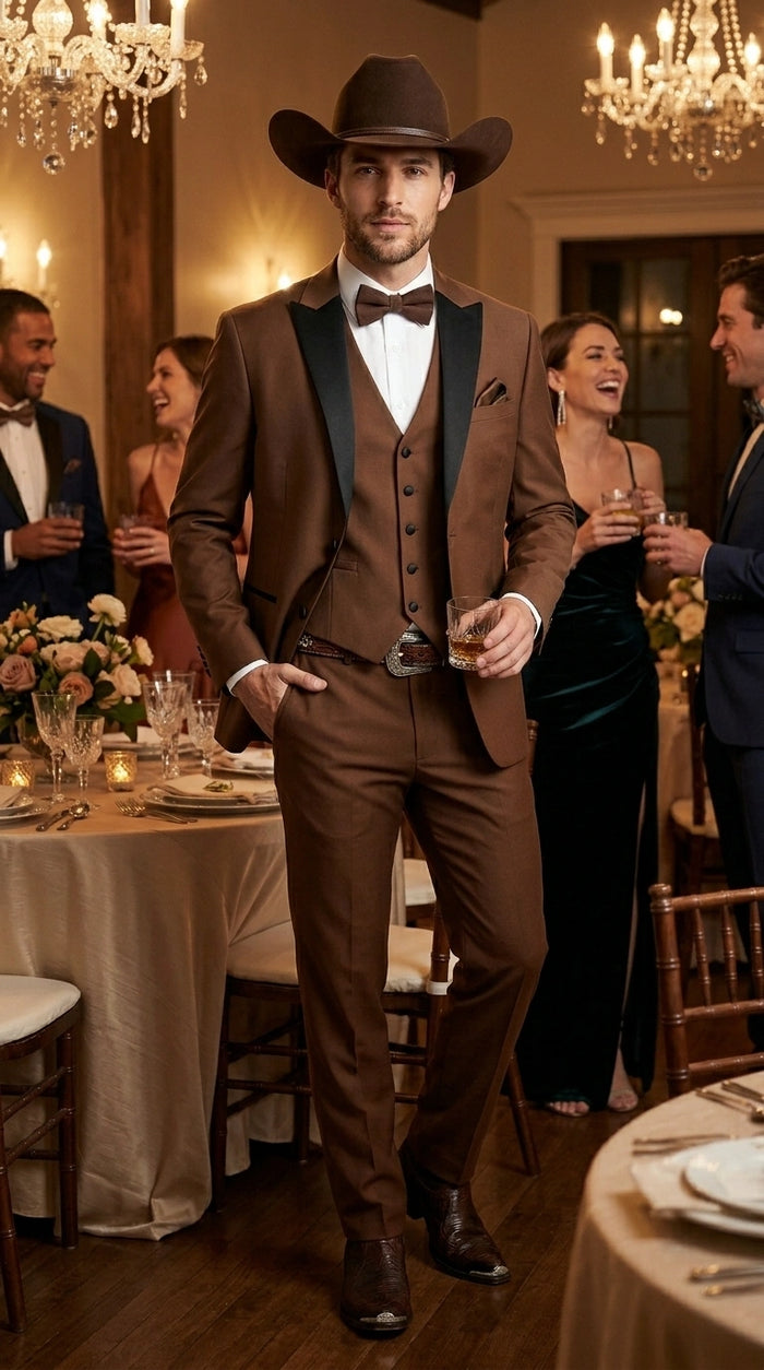 Men’s Light Brown Western Tuxedo 3 Piece Suit with Black  Collar Lapel, Country Look Cowboy Suit