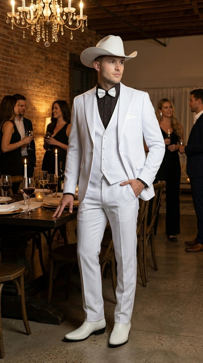 Men’s White Western Cowboy 3 Piece Tuxedo Suit, Formal Wedding Prom Groom Suit Set - 34 Short or Extra Small