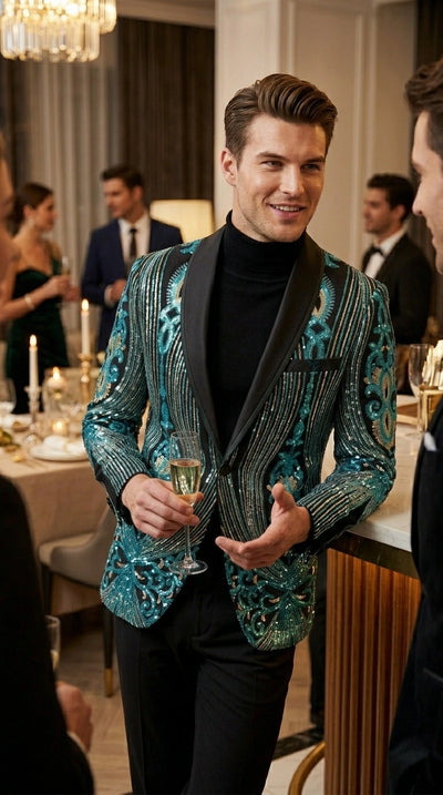 Men’s Black and Turquoise Blue With teal green Sequin Dinner Jacket, Formal Prom Wedding Paisley Floral Mardi Gra Pattern