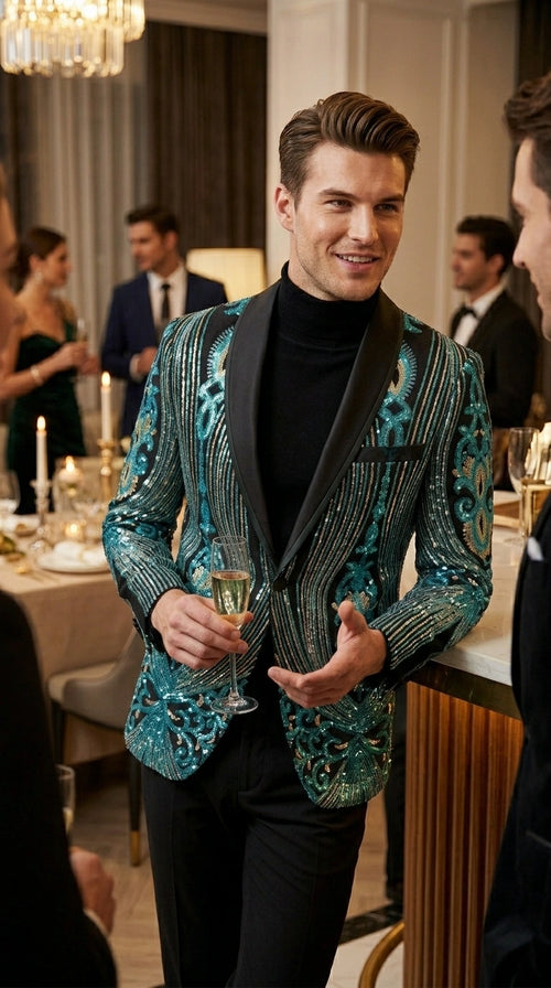 Men’s Black and Turquoise Blue With teal green Sequin Dinner Jacket, Formal Prom Wedding Paisley Floral Mardi Gra Pattern