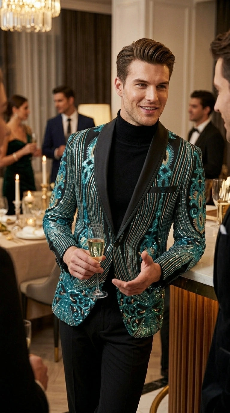 Men’s Black and Turquoise Blue With teal green Sequin Dinner Jacket, Formal Prom Wedding Paisley Floral Mardi Gra Pattern - 36 Short