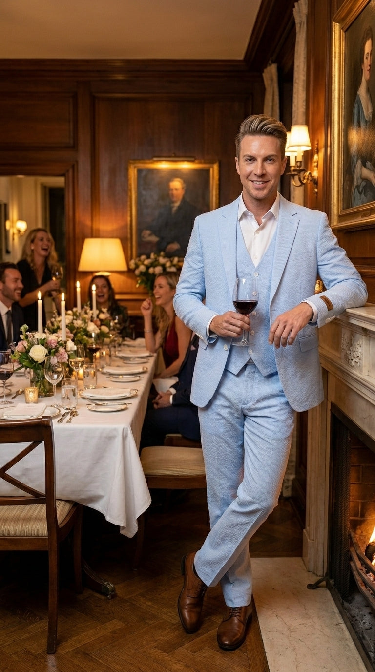 Men’s Blue Pinstripe Seersucker Suit with Jacket and Pants, Big and Tall Kentucky Derby Summer Suit