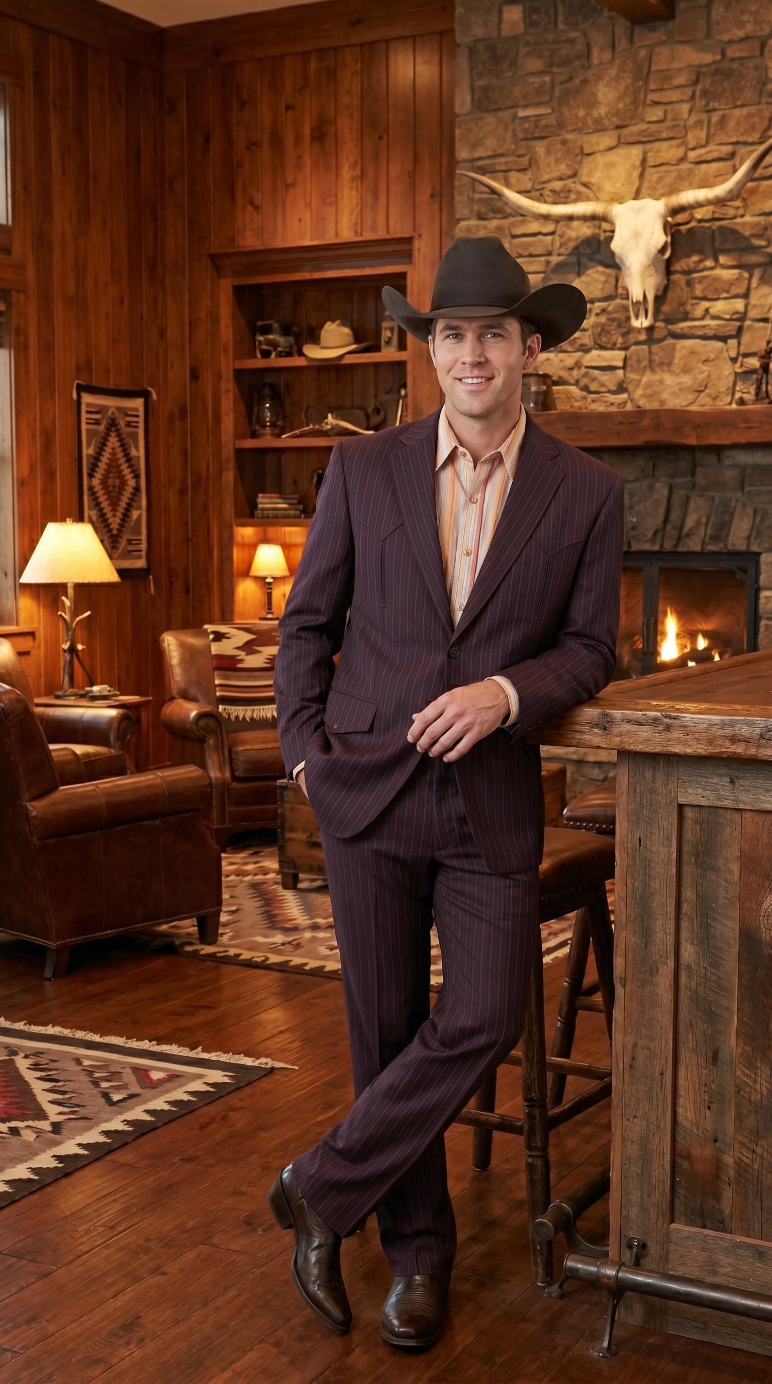 Men’s Brownish Black Pinstripe Western Suit, Cowboy Formal Wedding Ranch Dress Suit Set Slim Fitted - 36R