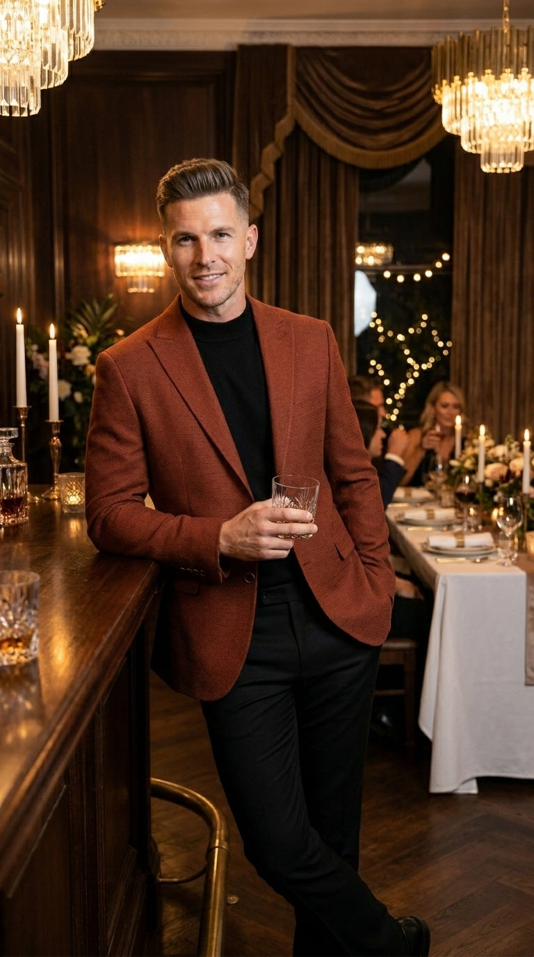Men’s Rustic Brown Textured Blazer with Notched Lapel, Formal Dress Jacket for Weddings, Parties, Business Look - 36 Short