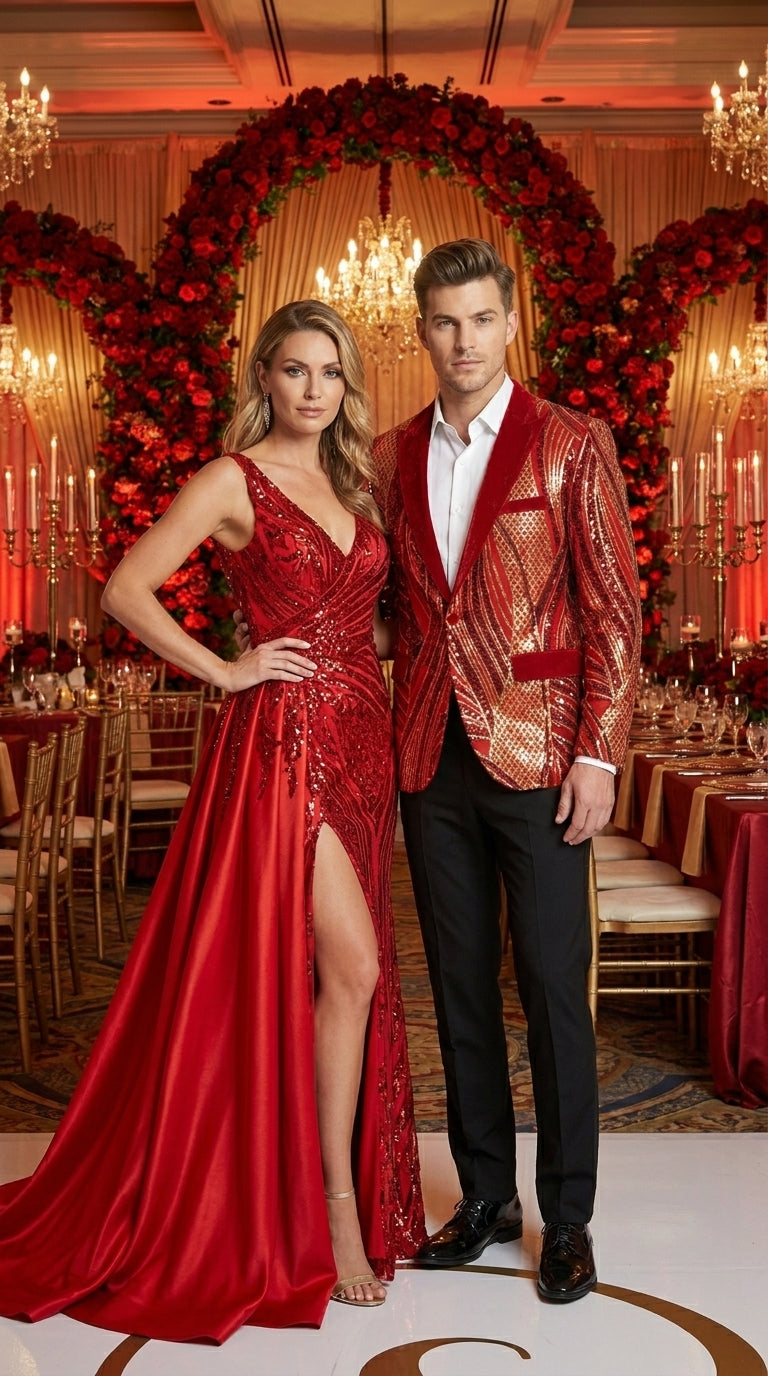 Men’s Red and Gold Sequin Christmas Holiday Blazer – Luxury Party Jacket for New Year, Wedding and Festive Events - 36 Short