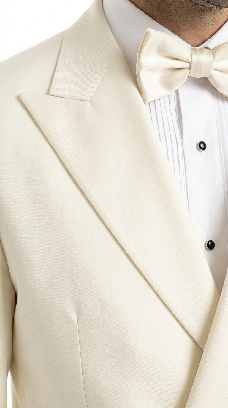 Men’s Ivory Double Breasted Dinner Jacket, Peak Lapel Formal Wedding Prom Tuxedo Blazer in cream off white color - 36 Short