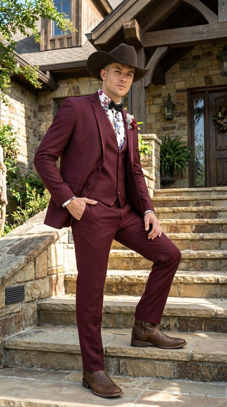 Men’s Burgundy Western Tuxedo Suit, 3 Piece Cowboy Formal Wedding Prom Suit with Satin Trim - 34 Short or Extra Small