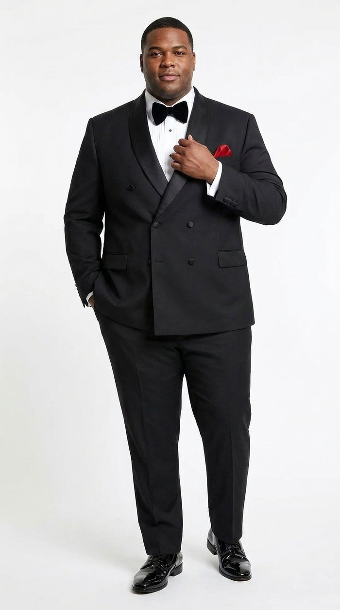 Men’s Black Double Breasted Evening Wear Suit with Satin Shawl Lapel and Red Pocket Square