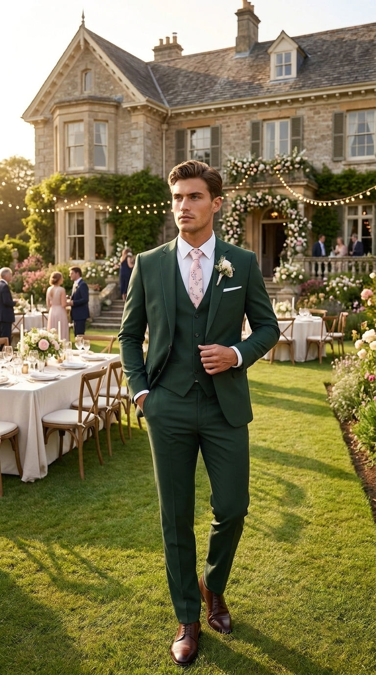 Men’s Forest Green 3 Piece Wedding Suit, Formal Groom Groomsmen Dress Suit Set - 34 Short or Extra Small