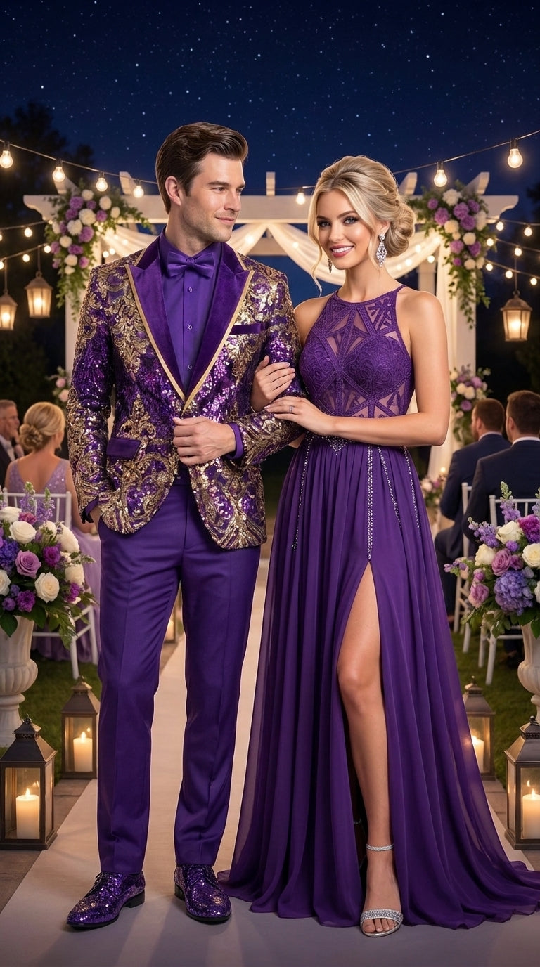 Men’s Purple and Gold Sequin Suit with Pants – Luxury Prom, Wedding and Party Blazer - 34 Short or Extra Small