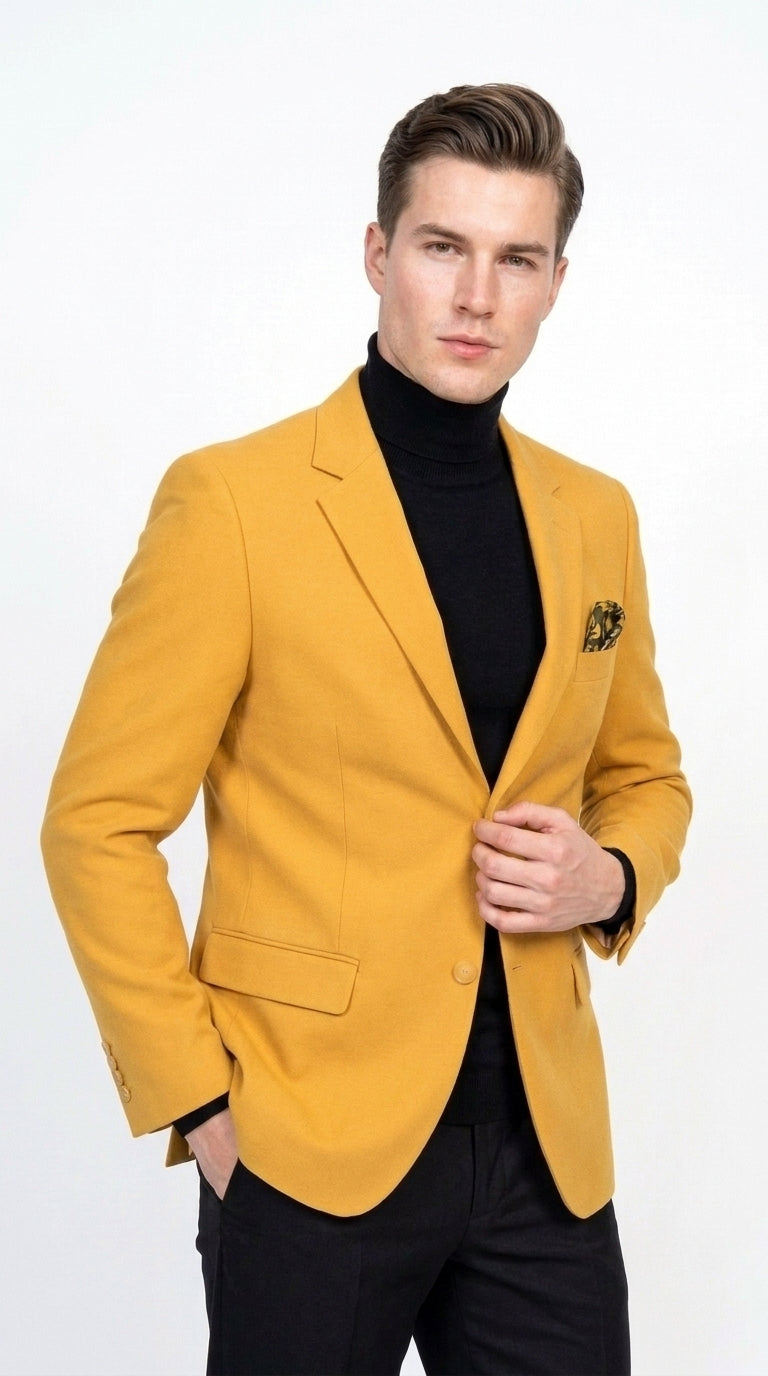 Men’s Mustard Gold Blazer, Fashion Sport Coat Wedding Party Church Dress Jacket - 36 Short