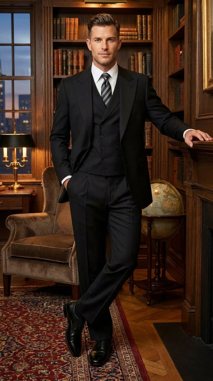 Tiglio Mens Black 3 Piece Suit – Single Button Classic Fit Pleated Wide Leg Pants Formal Business Church Suit - 100% Wool