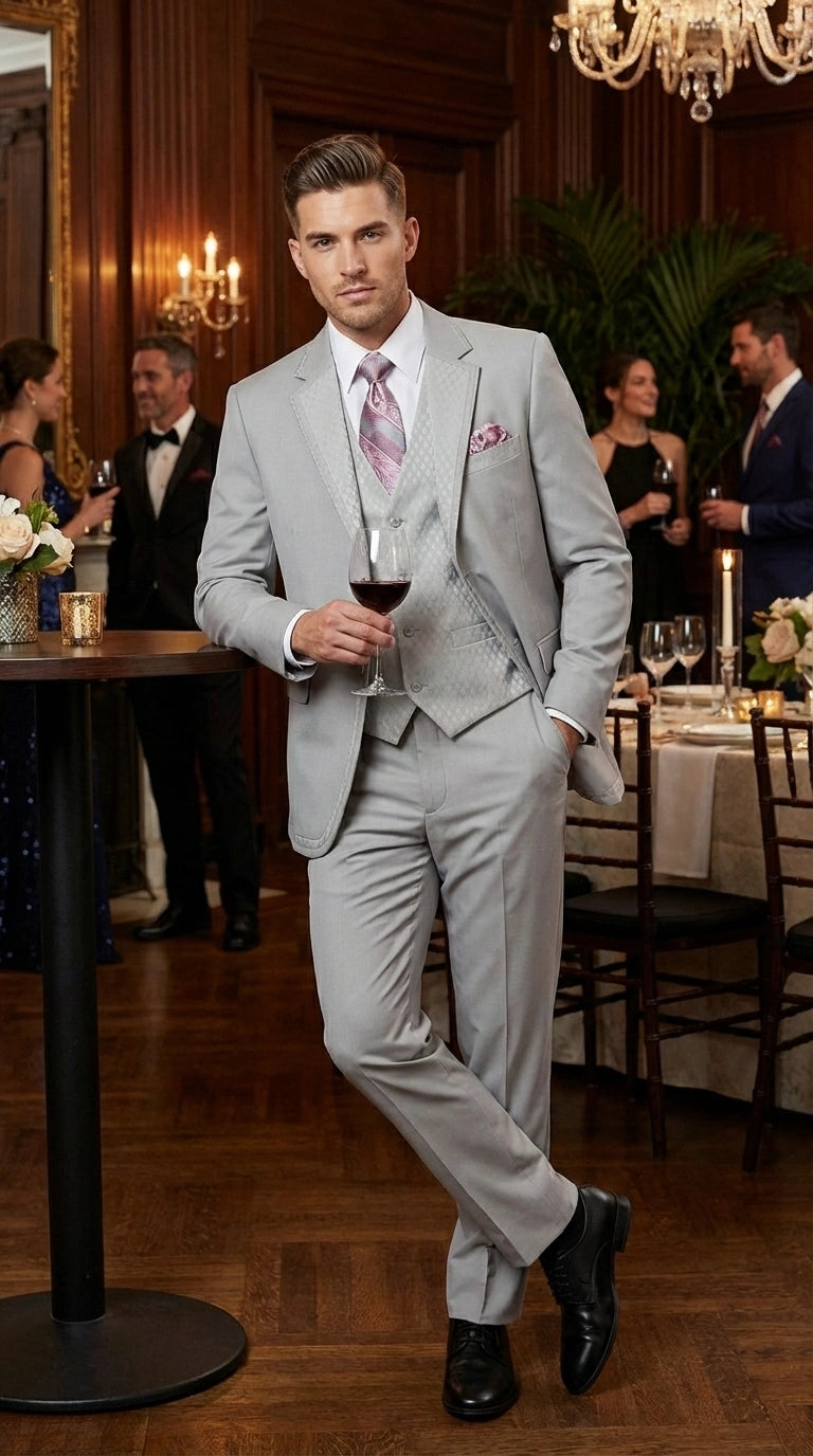 Men’s Light Gray 3 Piece Suit – Ice Silver Gray Formal Suit Set with Vest, Patterned Lapel and Tie for Wedding, Prom and Business Events - 34 Short or Extra Small