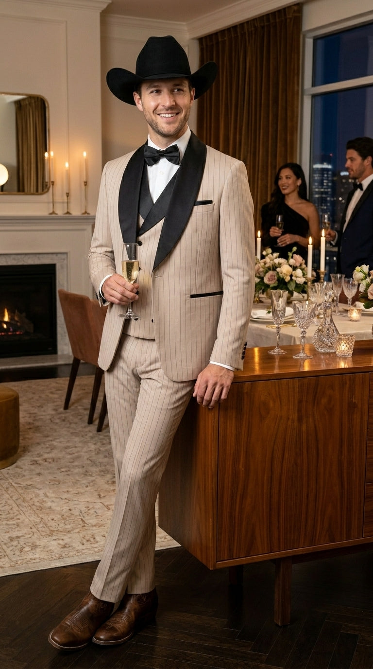 Men’s Beige Pinstripe Western 3 Piece Tuxedo Suit with Black Shawl Lapel, Formal Cowboy Wedding Prom Suit in Tan Khaki Color - 34 Short or Extra Small