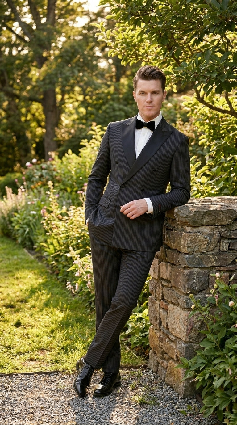 Men’s Double Breasted Suit – Classic Peak Lapel Formal Tuxedo Style Suit for Wedding in Black Ton on Tone Pinstripe - 34 Short or Extra Small