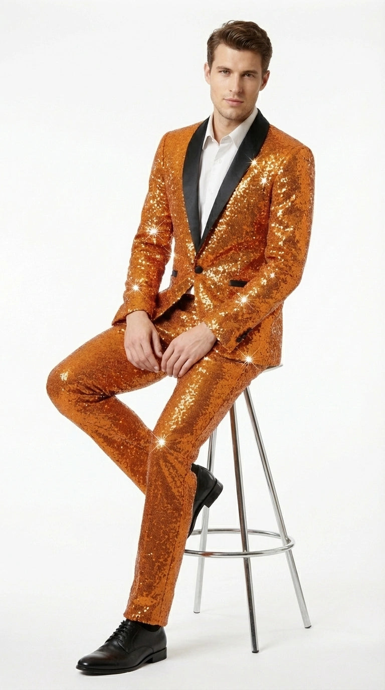 Mens Orange Sequin Tuxedo Suit – Shiny Wedding Suit Set with Black Lapel for Prom, Party, Gala and Formal Evening Wear - Goldish Orange - 34 Short or Extra Small