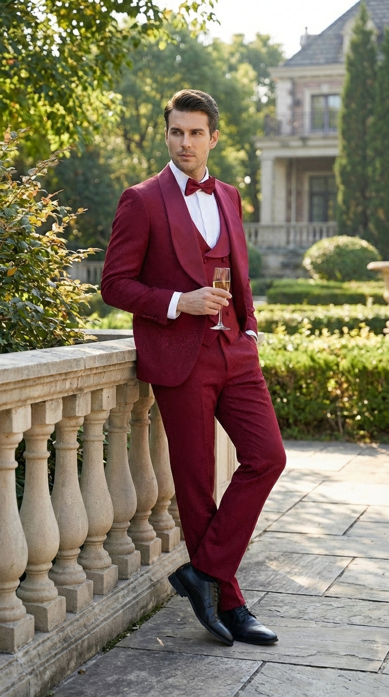 Mens Burgundy Wedding Tuxedo Suit – Paisley Three Piece Formal Suit Set with Shawl Lapel for Groom, Prom - 34 Short or Extra Small