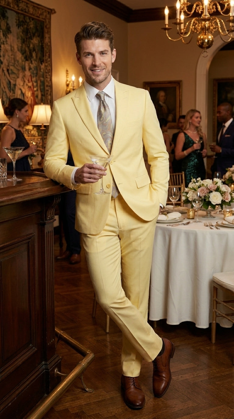 Men’s Pale Yellow 2 Piece Suit, Formal Dress Suit for Weddings, Prom, Parties, Summer Events, and Special Occasions By Vitali - 34 Short or Extra Small