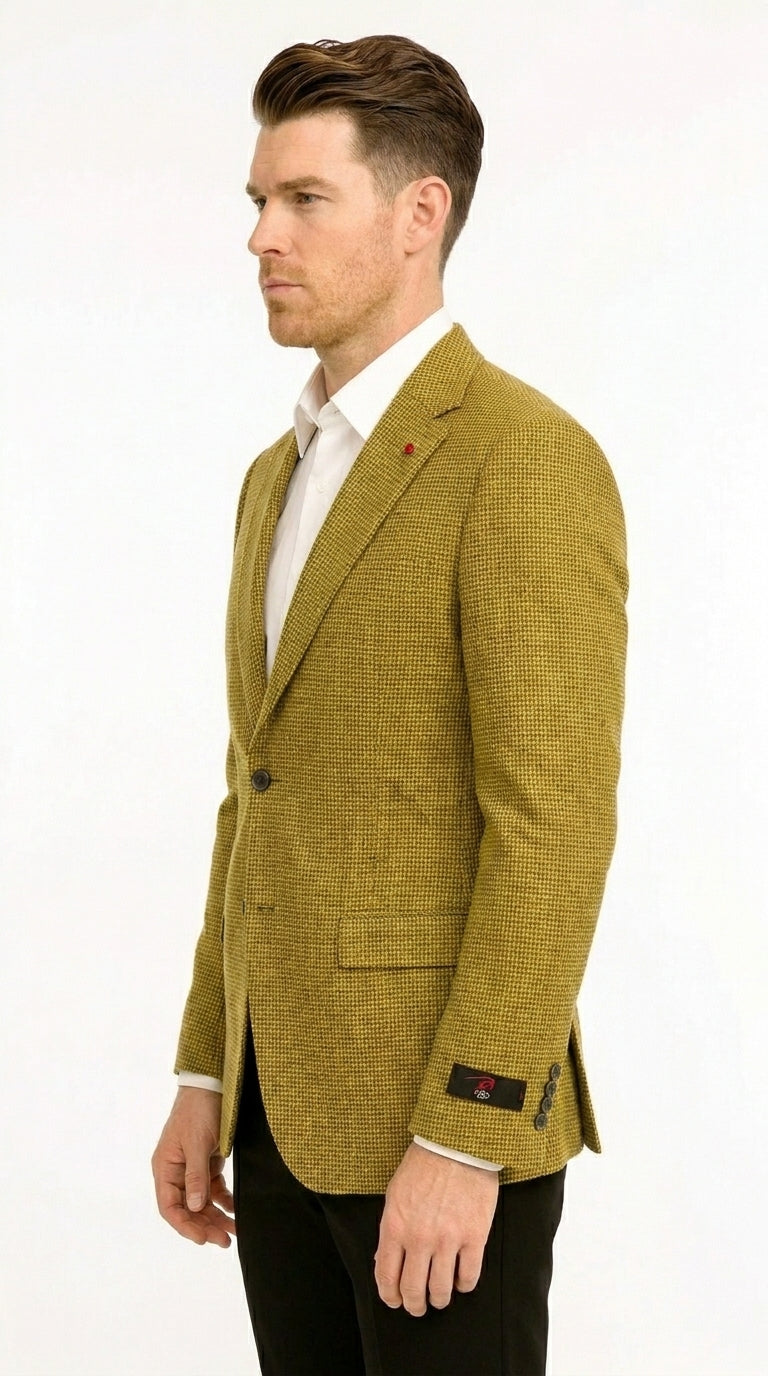 Men’s Mustard Gold Yellow Houndstooth Blazer Jacket, Check Pattern Formal Sport Coat for Weddings, Prom, Business 2 Buttons Modern Fit - 36 Short
