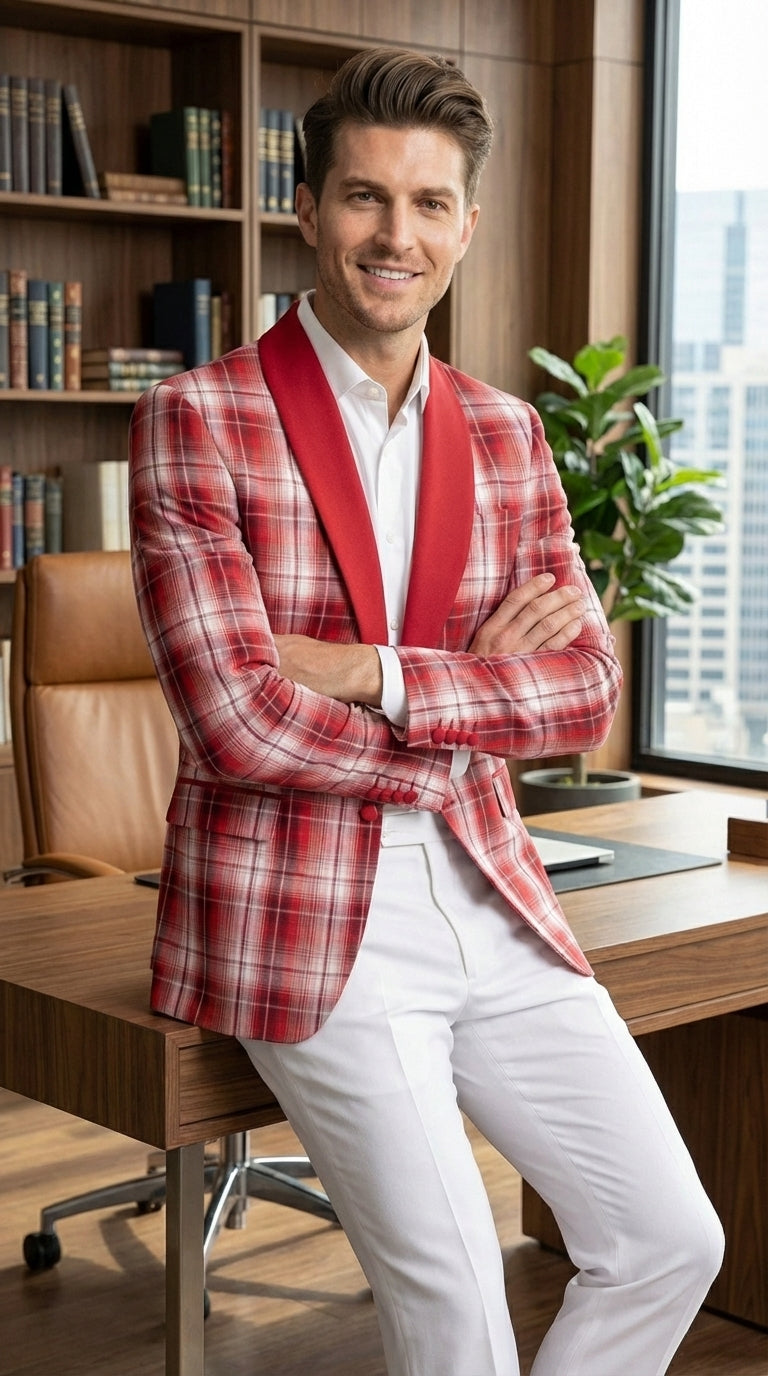 Mens Tartan Red and White Plaid Blazer – Check Pattern Sport Coat Red Shawl Lapel Party Christmas Holiday New Year - 36 Short